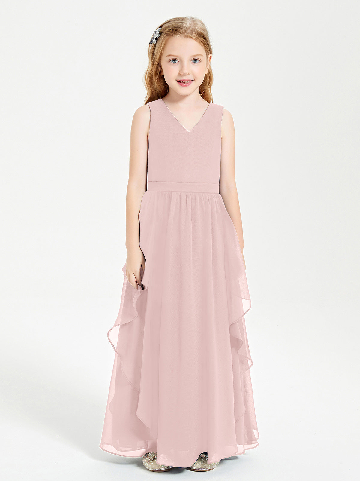 Boho Sleeveless Junior Chiffon Bridesmaids Gown Dusty Rose
